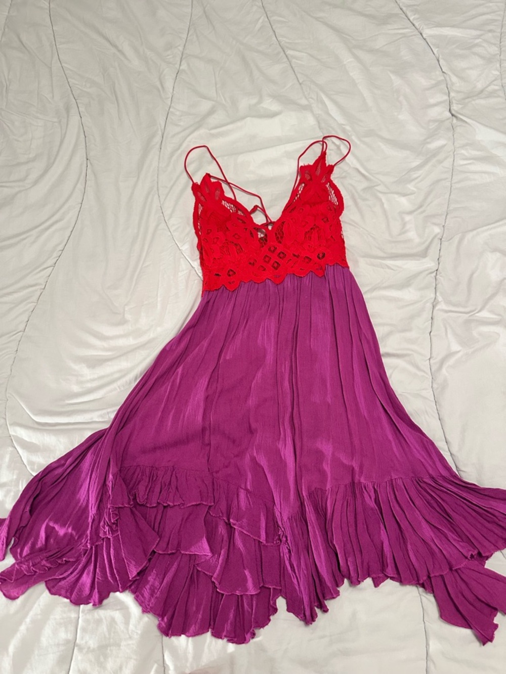 Free People Red Lace Bodice Magenta Asymmetrical Slip Dress